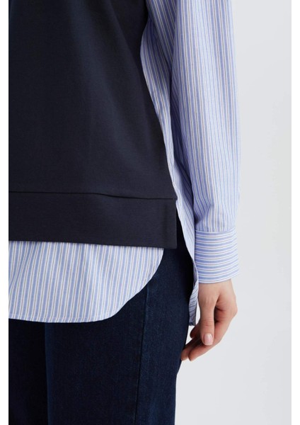 Bisiklet Yaka Çizgili Gömlek Görünümlü Sweatshirt Tunik E1393AX25SP