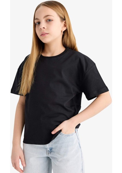 Kız Çocuk Relax Fit Bisiklet Yaka Basic Düz 2'li Kısa Kollu Tişört D9431A825SM