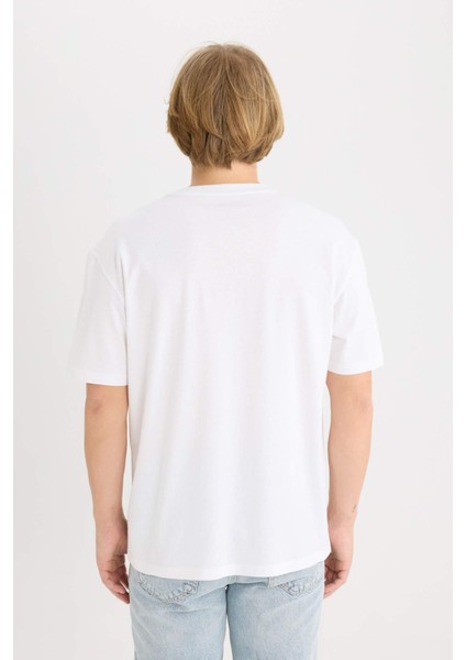 %100 Pamuk Boxy Fit Bisiklet Yaka Baskılı Kısa Kollu Tişört D5568AX25SP