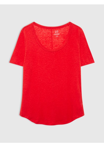 Kadın Kırmızı Keten T-Shirt
