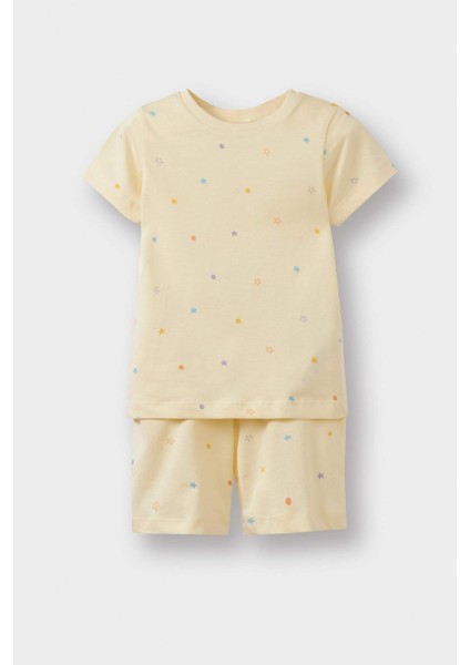Kız Bebek 4'lü Pijama Takımı Yıldız Desenli Kısa Kollu Penye Üst Beli Lastikli Şort E1555A525HS
