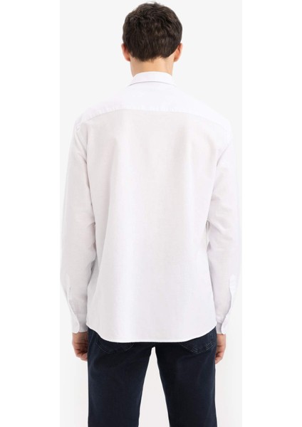 Regular Fit Polo Yaka Keten Yazlık Uzun Kollu Beyaz Gömlek E1729AX25SP
