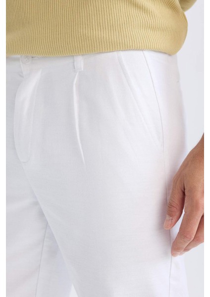 %100 Pamuk Relax Fit Rahat Kesim Düz Paça Keten Görünümlü Yazlık Beyaz Kumaş Pantolon D4251AX25SM