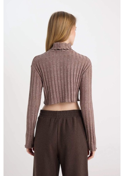 Coool Balıkçı Yaka Crop Top Basic Düz Fitilli Kaşkorse Uzun Kollu Tişört E1673AX24WN