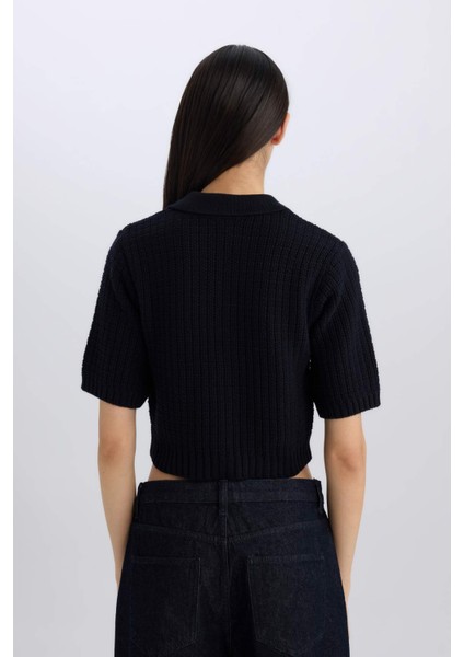 Cropped Fit Gömlek Yaka Düğmeli Triko Kısa Kollu Hırka E1977AX24WN