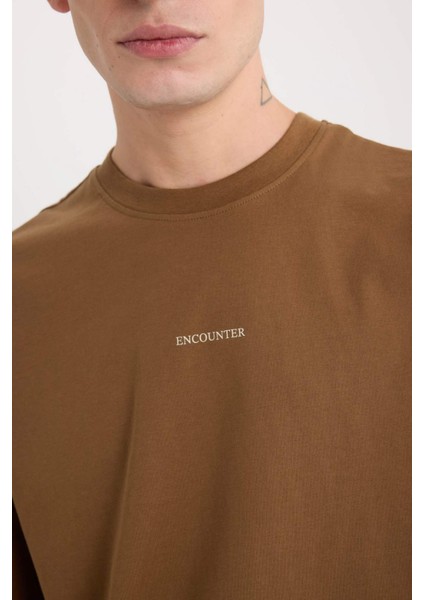 %100 Pamuk Boxy Fit Bisiklet Yaka Sırt Baskılı Kısa Kollu Tişört