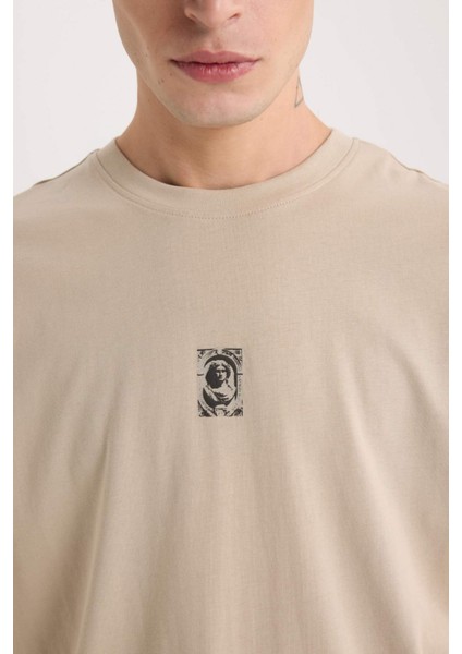 %100 Pamuk Boxy Fit Bisiklet Yaka Sırt Baskılı Kısa Kollu Tişört E1486AX25SP