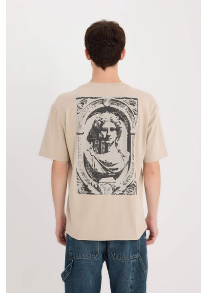 %100 Pamuk Boxy Fit Bisiklet Yaka Sırt Baskılı Kısa Kollu Tişört E1486AX25SP