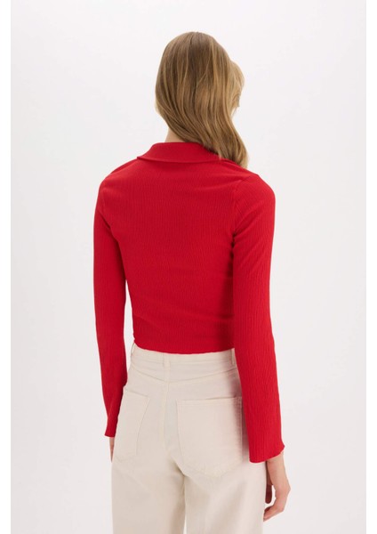 Coool Fitted Basic Düz Bürümcük Uzun Kollu Crop Gömlek A0012AX25SP