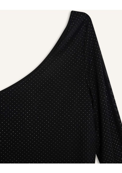 Fitted Tek Omuzlu Tül Uzun Kollu Tişört E1869AX24WN