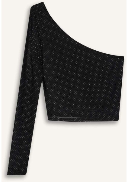 Fitted Tek Omuzlu Tül Uzun Kollu Tişört E1869AX24WN