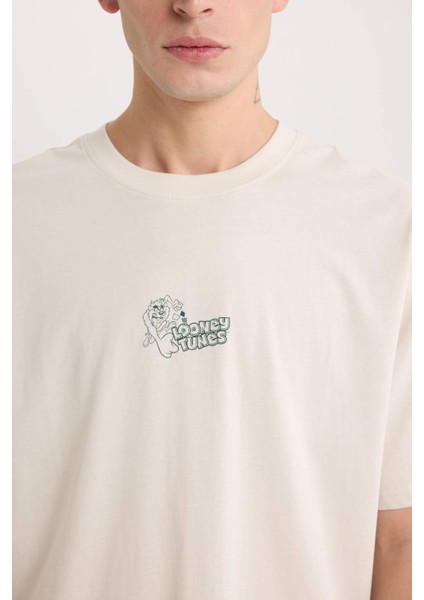%100 Pamuk Looney Tunes Boxy Fit Bisiklet Yaka Sırt Baskılı Kısa Kollu Tişört E1871AX25SP