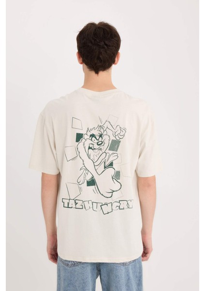 %100 Pamuk Looney Tunes Boxy Fit Bisiklet Yaka Sırt Baskılı Kısa Kollu Tişört E1871AX25SP