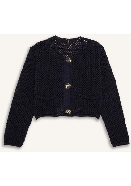 Relax Fit Bisiklet Yaka Düğmeli Örgü Desenli Triko Hırka E1962AX24WN