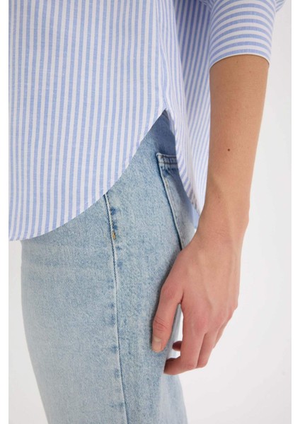 Oversize Geniş Kalıp Çizgili Oxford Uzun Kollu Gömlek D4015AX25SP