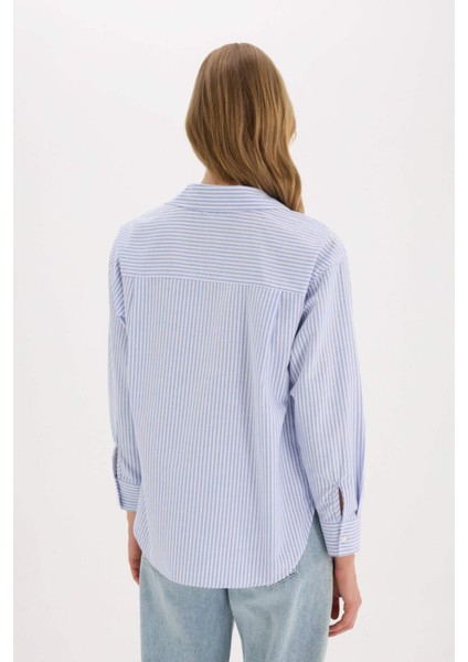 Oversize Geniş Kalıp Çizgili Oxford Uzun Kollu Gömlek D4015AX25SP