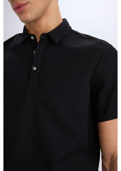 Slim Fit Dar Kesim Polo Yaka Kısa Kollu Waffle Siyah Tişört E1209AX25SM