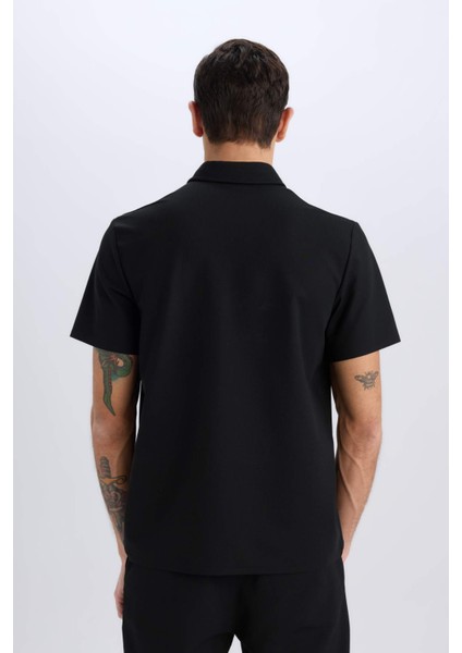 Slim Fit Dar Kesim Polo Yaka Kısa Kollu Waffle Siyah Tişört E1209AX25SM