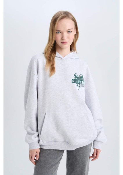 Coool Oversize Geniş Kalıp Kapüşonlu Baskılı Kalın Sweatshirt E1530AX24WN