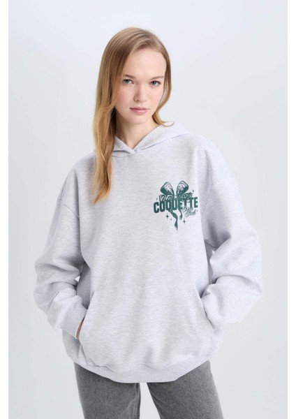 Coool Oversize Geniş Kalıp Kapüşonlu Baskılı Kalın Sweatshirt E1530AX24WN