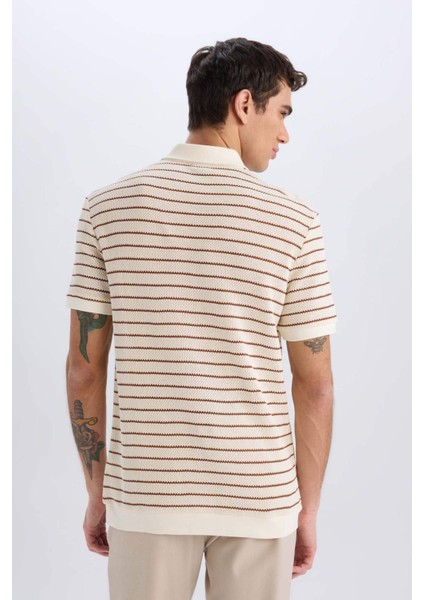 Regular Fit Polo Yaka Çizgili Triko Kısa Kollu Tişört C4150AX25SM