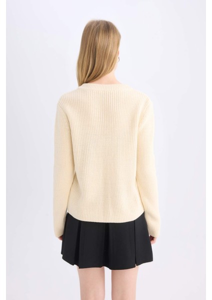 Regular Fit Bisiklet Yaka Bağlamalı Triko Hırka E2271AX24CW