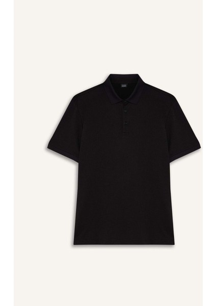 Slim Fit Dar Kesim Polo Yaka Dokulu Kısa Kollu Krinkıl Siyah Tişört E1222AX25SM