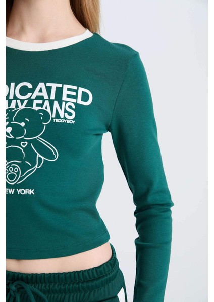 Fitted Baskılı Bisiklet Yaka Ribana Uzun Kollu Tişört E1531AX24WN