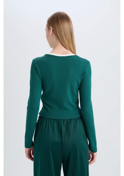 Fitted Baskılı Bisiklet Yaka Ribana Uzun Kollu Tişört E1531AX24WN