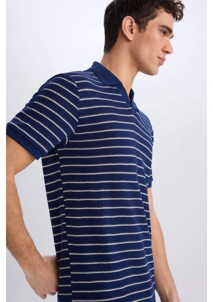 Regular Fit Polo Yaka Çizgili Triko Kısa Kollu Tişört C4150AX25SM