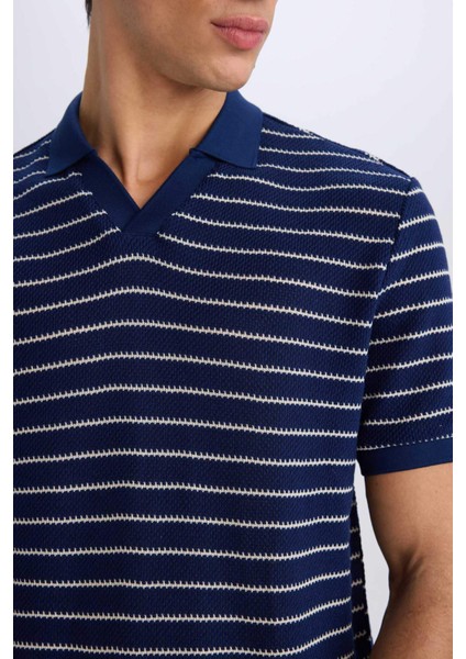 Regular Fit Polo Yaka Çizgili Triko Kısa Kollu Tişört C4150AX25SM