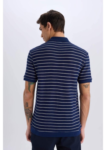 Regular Fit Polo Yaka Çizgili Triko Kısa Kollu Tişört C4150AX25SM