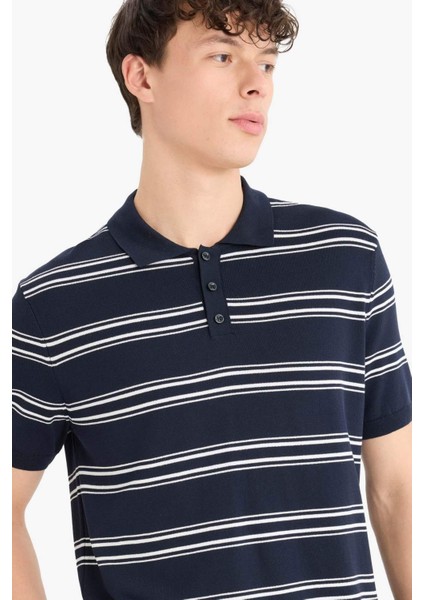 Regular Fit Polo Yaka Çizgili Kısa Kollu Yumuşak Tuşeli Triko Tişört E2665AX25SP