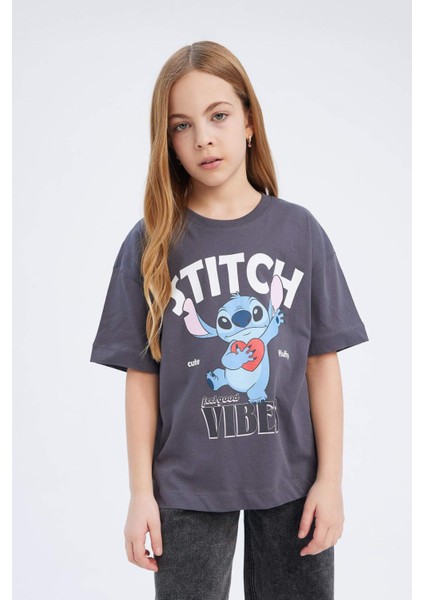 Kız Çocuk Disney Lilo & Stitch Oversize Geniş Kalıp Bisiklet Yaka Kısa Kollu Tişört E0481A825SP