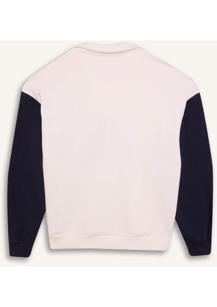 Oversize Geniş Kalıp Polo Yaka Baskılı Kalın Sweatshirt E1852AX24WN