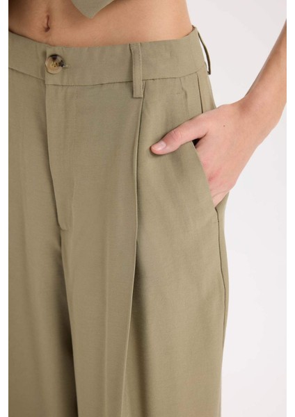 Wide Leg Piliseli Klasik Kumaş Pantolon Yüksek Bel Geniş Paça Basic Düz Tensel Çift Cepli D4564AX24AU