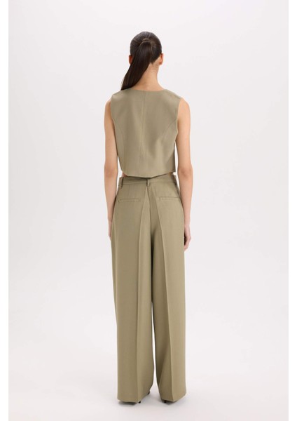 Wide Leg Piliseli Klasik Kumaş Pantolon Yüksek Bel Geniş Paça Basic Düz Tensel Çift Cepli D4564AX24AU