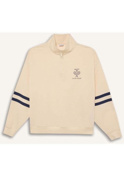 DeFacto Fit Oversize Geniş Kalıp Yarım Fermuarlı Baskılı Sporcu Sweatshirt D7132AX25SP