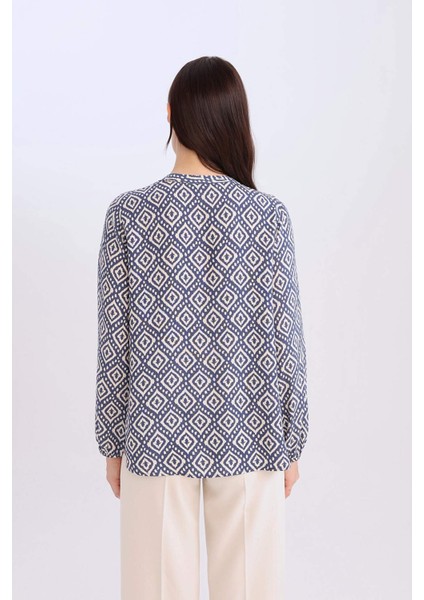 Regular Fit Bağcıklı Yaka Desenli Uzun Kollu Bluz N1809AZ25SP