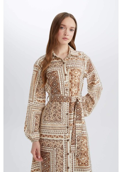 Gömlek Yaka Desenli Aerobin Uzun Kollu Kuşaklı Midi Elbise C2501AX25SP