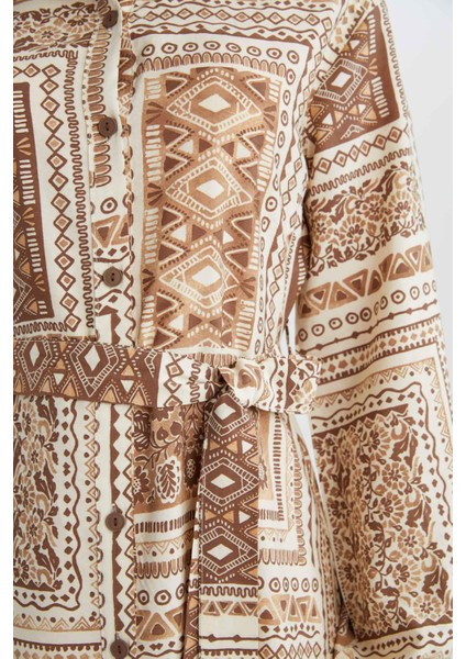 Gömlek Yaka Desenli Aerobin Uzun Kollu Kuşaklı Midi Elbise C2501AX25SP