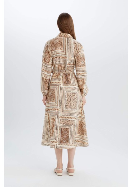 Gömlek Yaka Desenli Aerobin Uzun Kollu Kuşaklı Midi Elbise C2501AX25SP