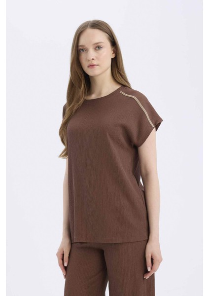 Regular Fit Bisiklet Yaka Bürümcük Kısa Kollu Tişört E1639AX25SP