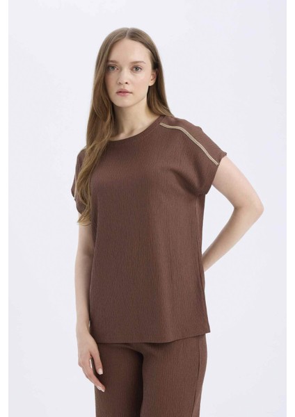 Regular Fit Bisiklet Yaka Bürümcük Kısa Kollu Tişört E1639AX25SP