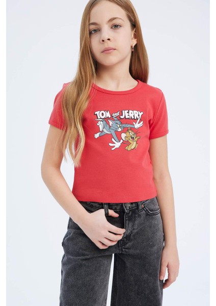 Kız Çocuk Tom & Jerry Cropped Fit Bisiklet Yaka Kısa Kollu Tişört E0479A825SP