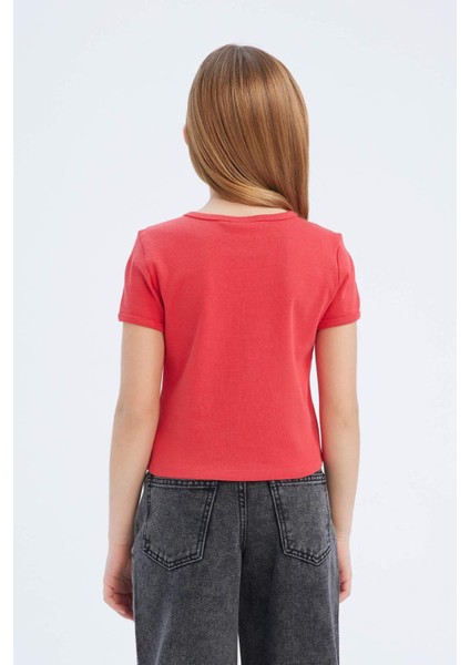 Kız Çocuk Tom & Jerry Cropped Fit Bisiklet Yaka Kısa Kollu Tişört E0479A825SP