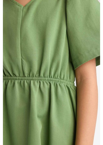 Kız Çocuk Standart Fit V Yaka Gabardin Kısa Kollu Elbise E2645A825SM