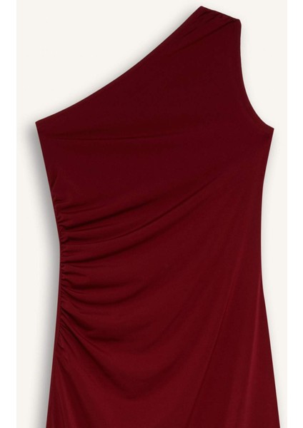 Bodycon Vücudu Saran Basic Düz Tek Omuzlu Bordo Midi Elbise E2469AX24WN