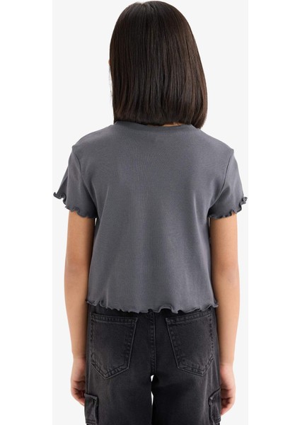 Kız Çocuk Kuromi Cropped Fit Bisiklet Yaka Ribana Kısa Kollu Tişört E1884A825SM