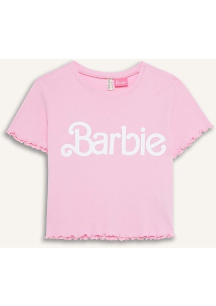 Kız Çocuk Barbie Fitted Bisiklet Yaka Ribana Kısa Kollu Tişört E2614A825SM